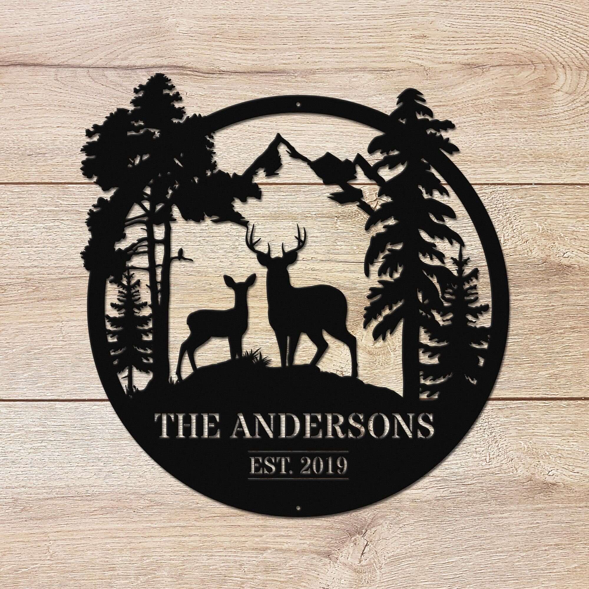 Mountain Deer Circle Personalized Monogram Custom Metal Wall Art Decor Sign