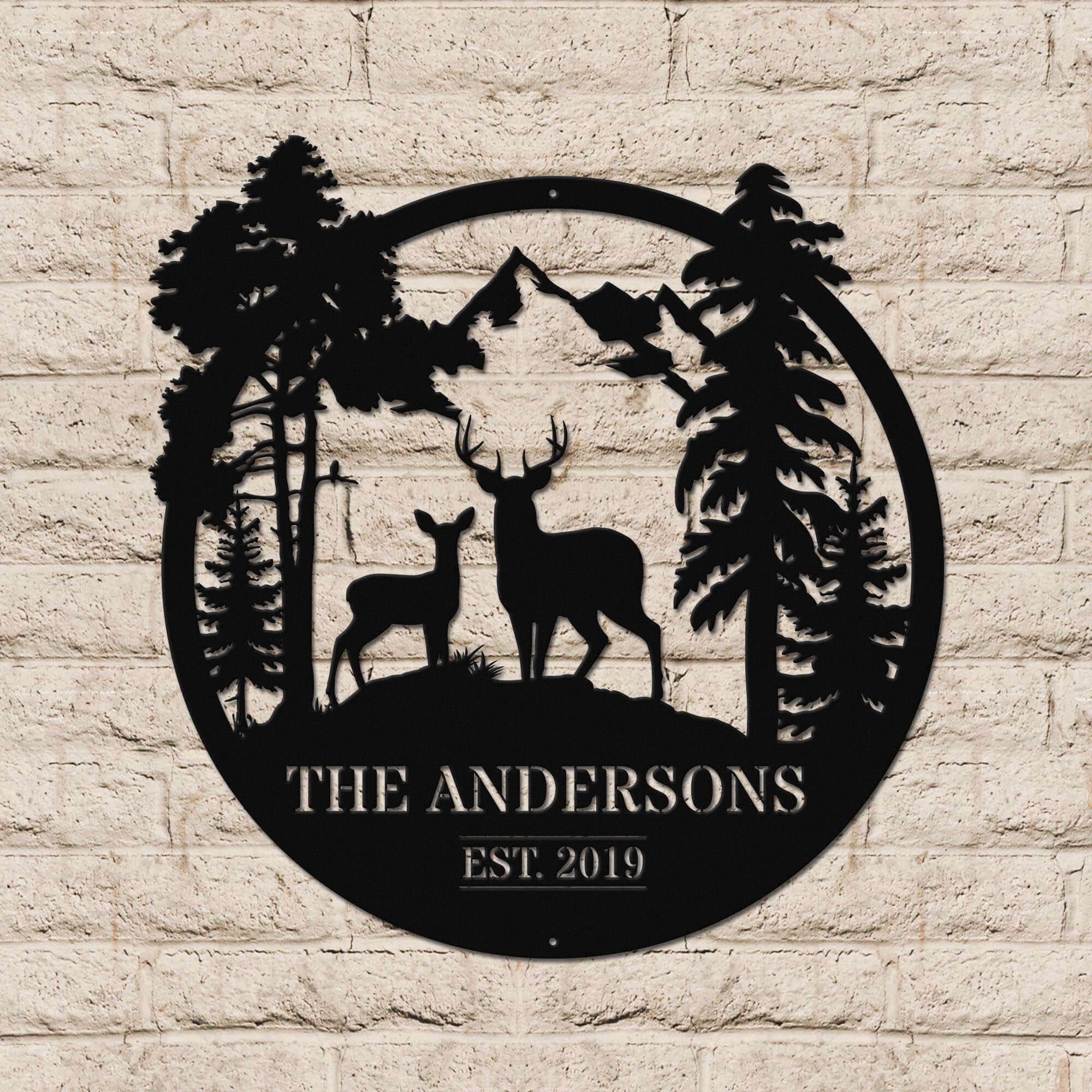 Mountain Deer Circle Personalized Metal Wall Art Decor Sign