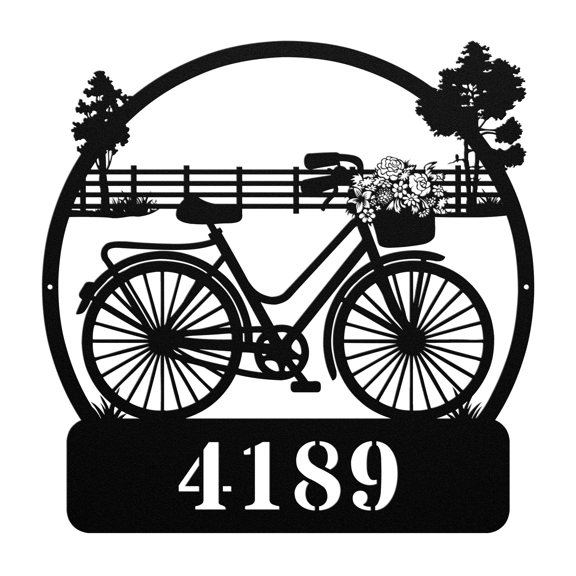 Bicycle Flower Basket Personalized Home Address Metal Wall Art Decor