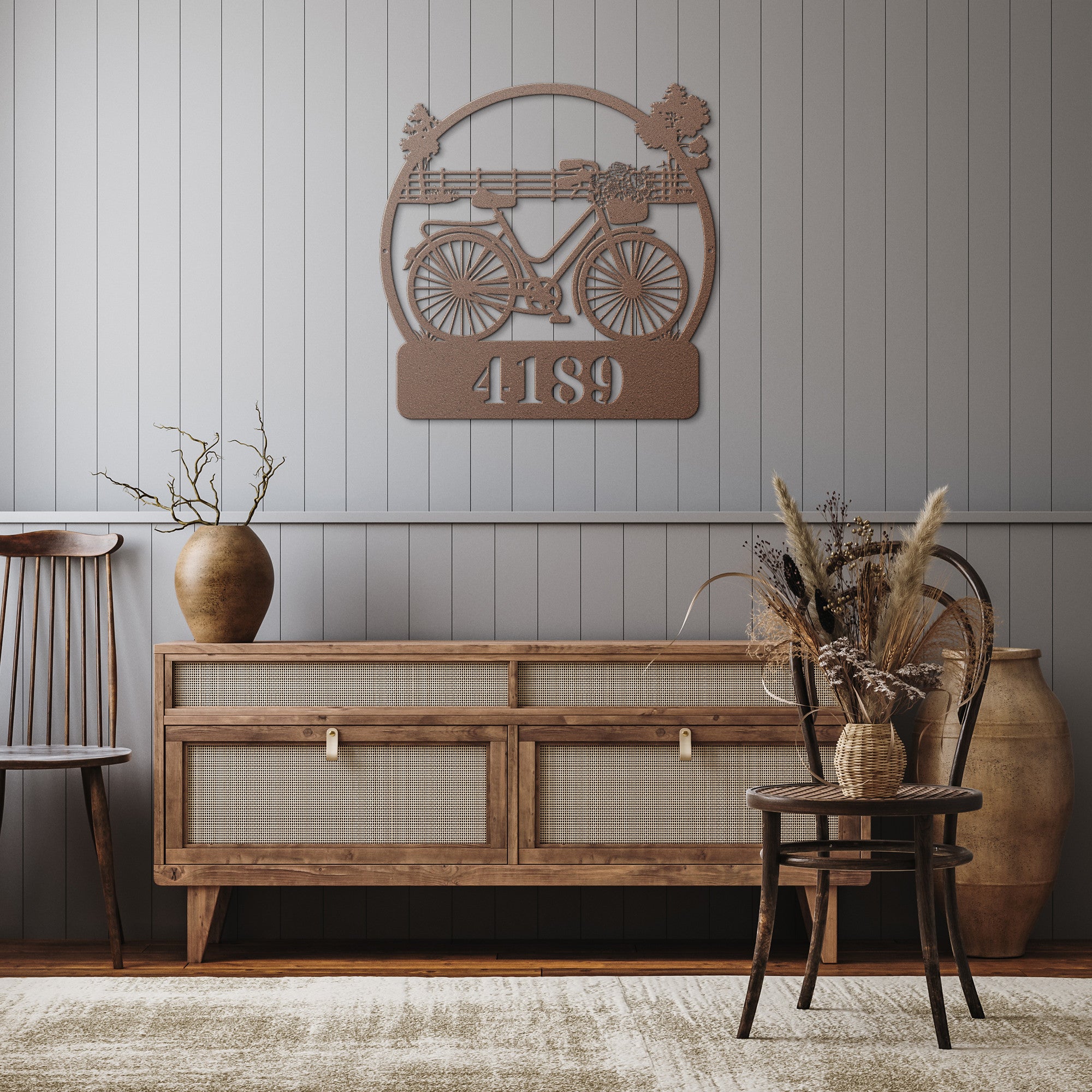Bicycle Flower Basket Personalized Home Address Metal Wall Art Decor