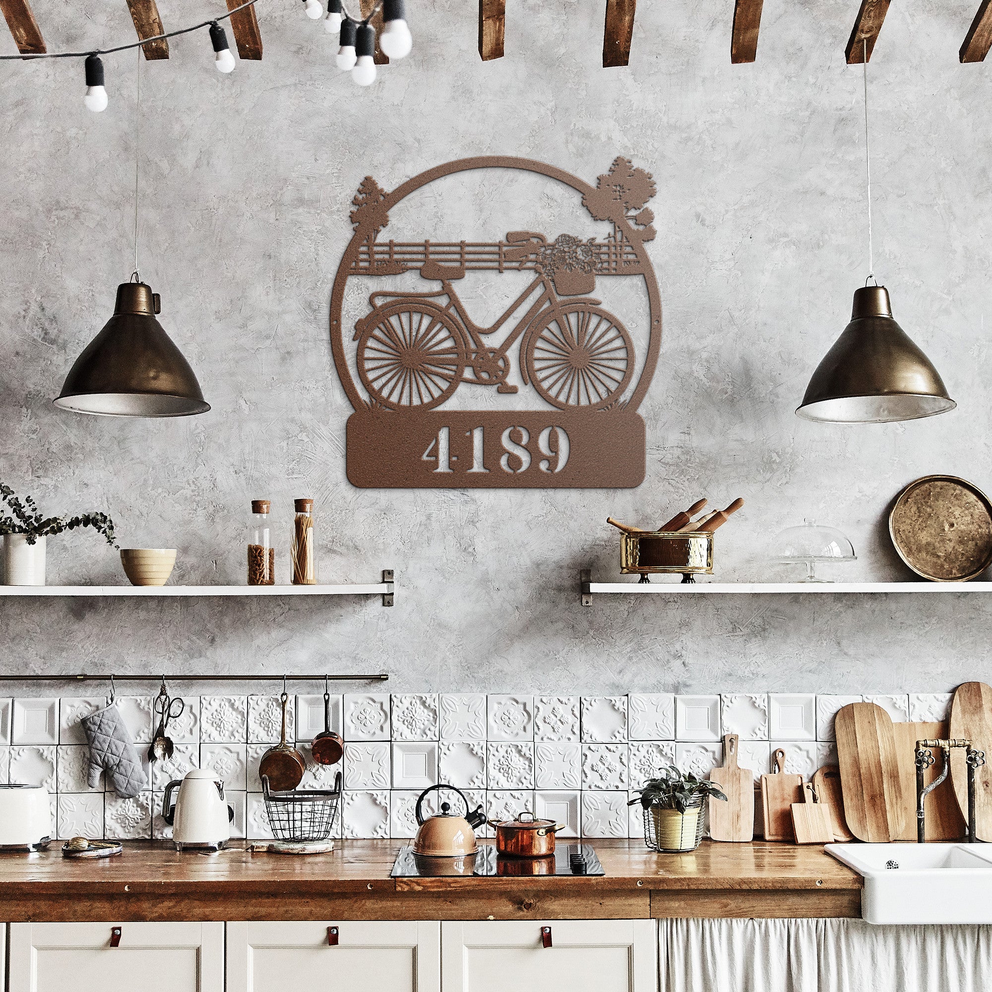 Bicycle Flower Basket Personalized Home Address Metal Wall Art Decor