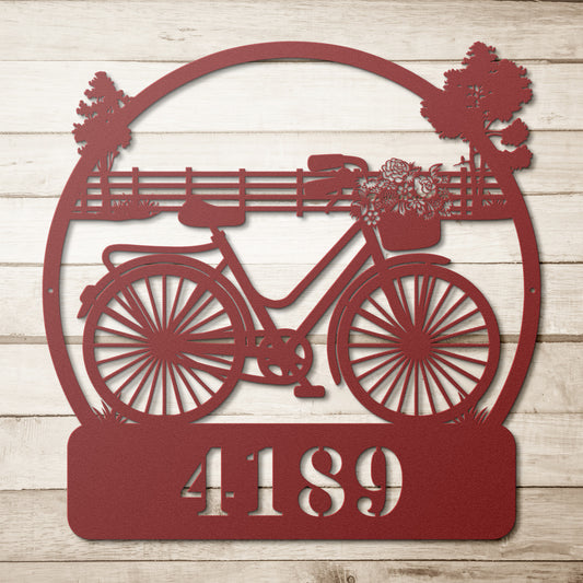 Bicycle Flower Basket Personalized Home Address Metal Wall Art Decor