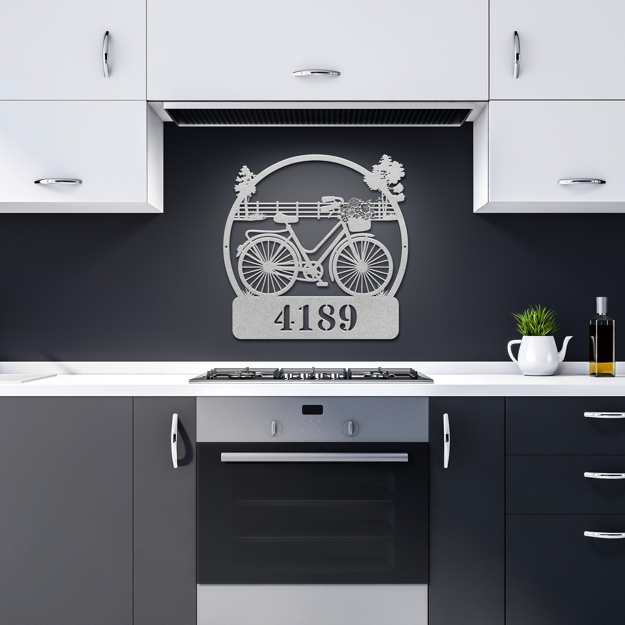 Bicycle Flower Basket Personalized Home Address Metal Wall Art Decor