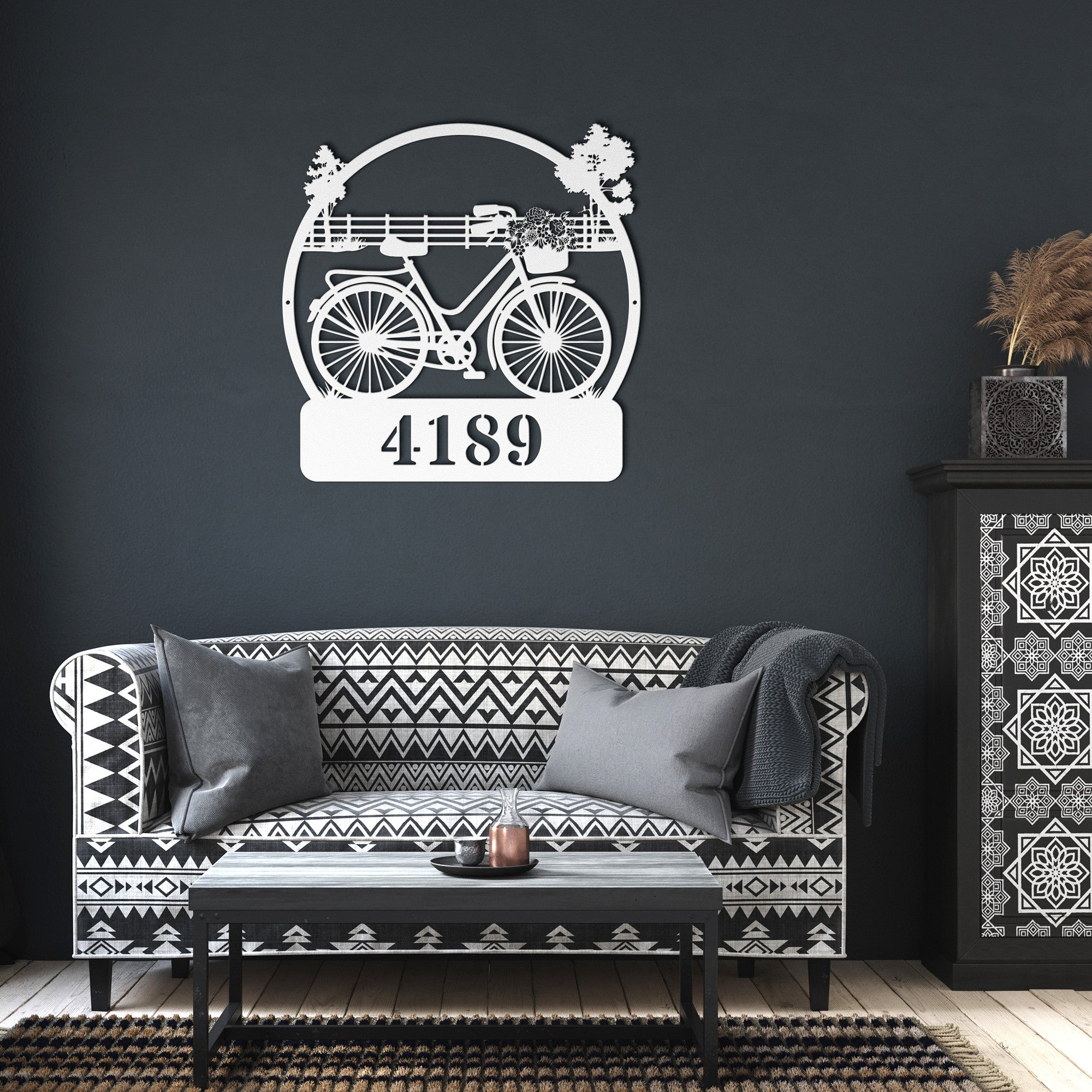 Bicycle Flower Basket Personalized Home Address Metal Wall Art Decor