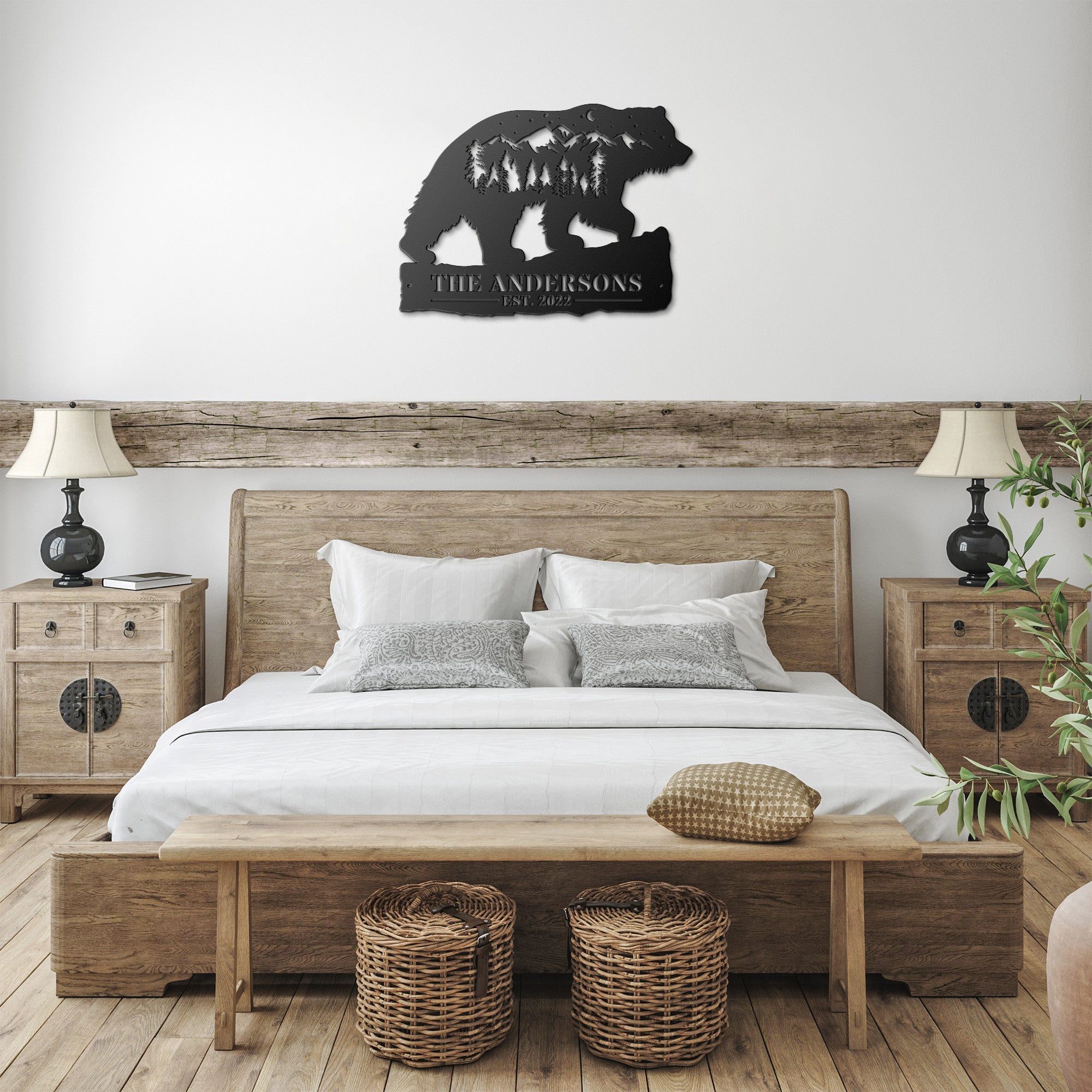 Custom Bear and Mountains Landscape Metal Wall Art. Personalized with your Custom text. Bear Name Sign Decoration For your home or business and a perfect gift.