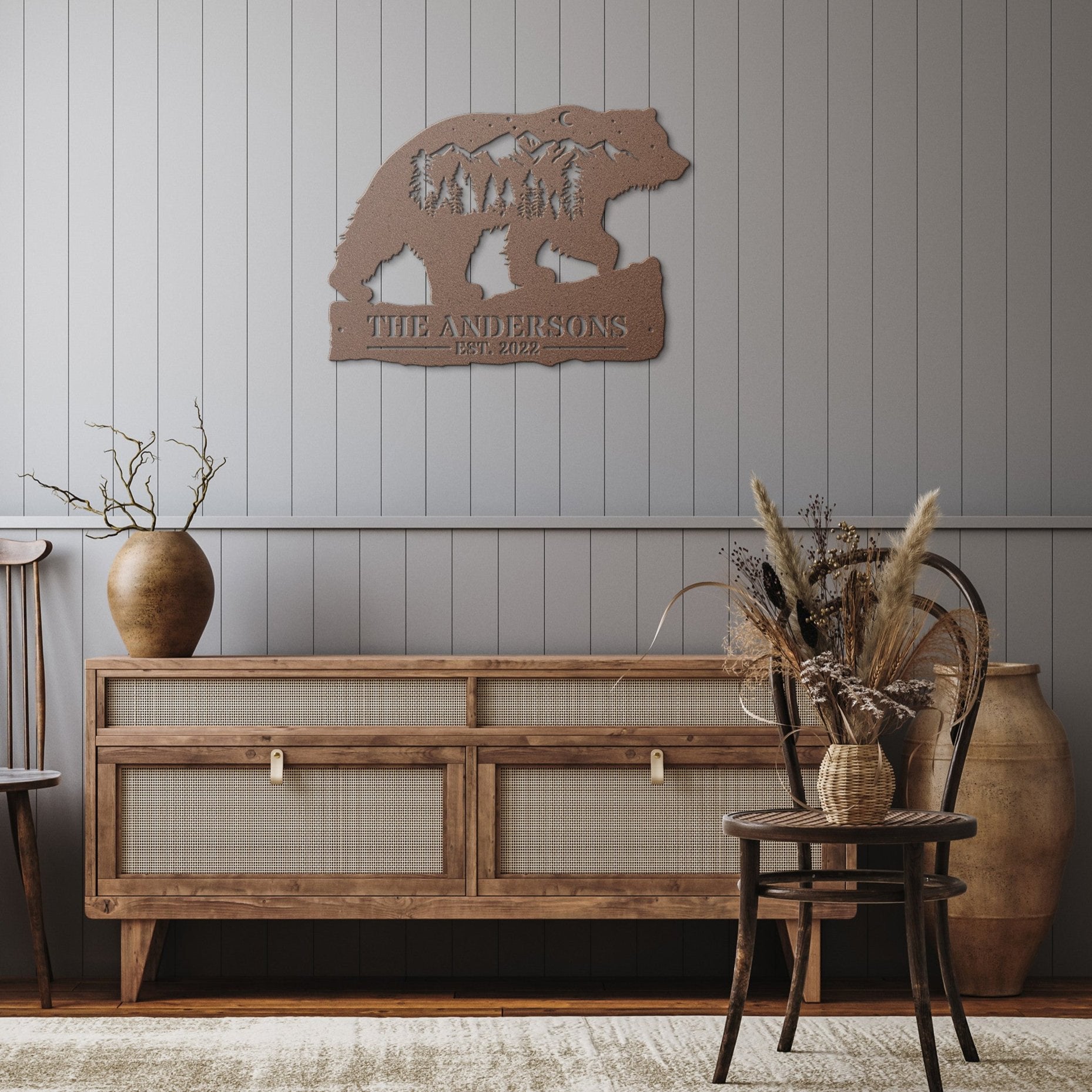 Custom Bear and Mountains Landscape Metal Wall Art. Personalized with your Custom text. Bear Name Sign Decoration For your home or business and a perfect gift.