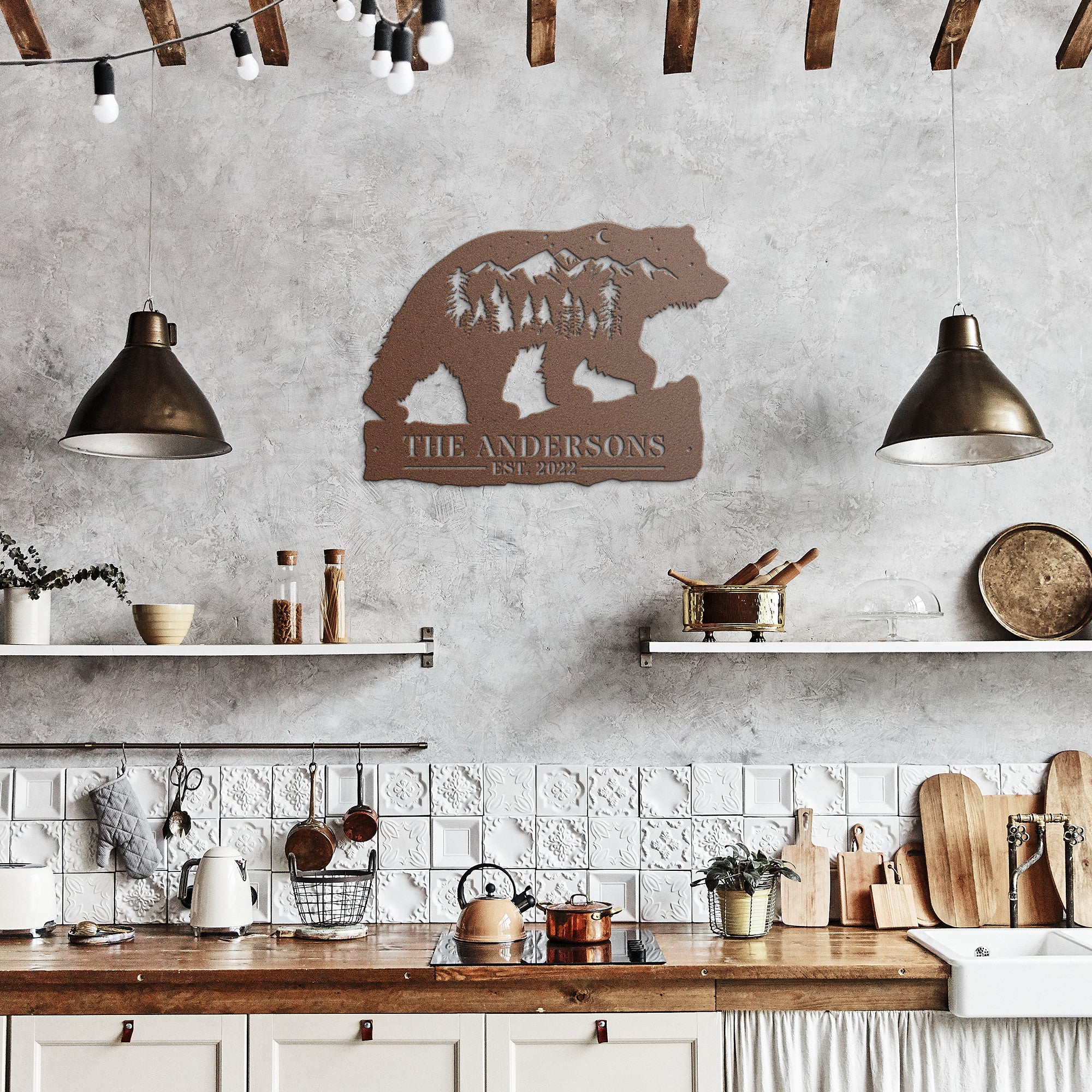 Custom Bear and Mountains Landscape Metal Wall Art. Personalized with your Custom text. Bear Name Sign Decoration For your home or business and a perfect gift.