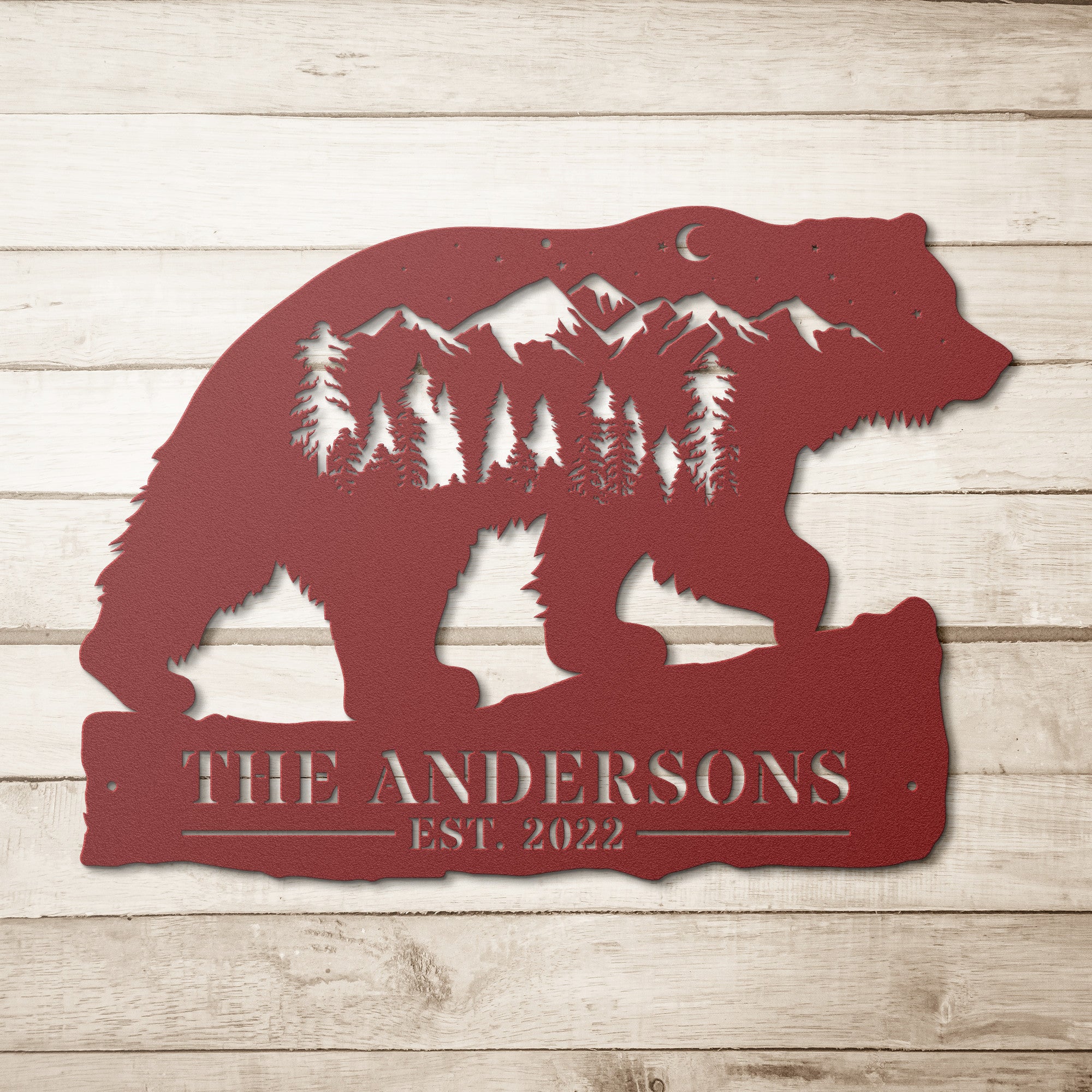Custom Bear and Mountains Landscape Metal Wall Art. Personalized with your Custom text. Bear Name Sign Decoration For your home or business and a perfect gift.