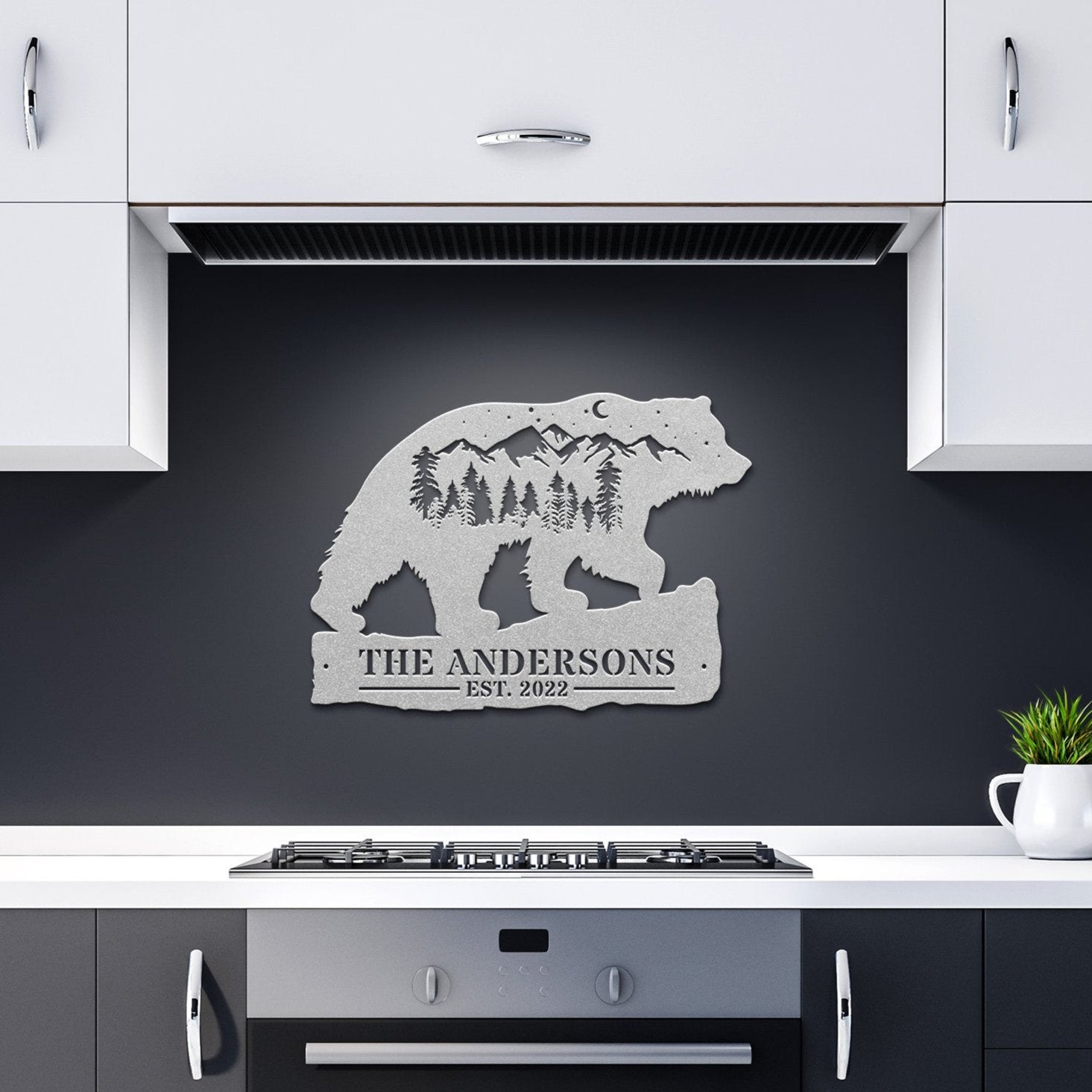 Custom Bear and Mountains Landscape Metal Wall Art. Personalized with your Custom text. Bear Name Sign Decoration For your home or business and a perfect gift.