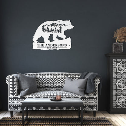 Custom Bear and Mountains Landscape Metal Wall Art. Personalized with your Custom text. Bear Name Sign Decoration For your home or business and a perfect gift.