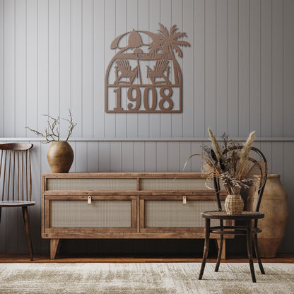 Beach Chairs Personalized Home Address Metal Decor Sign