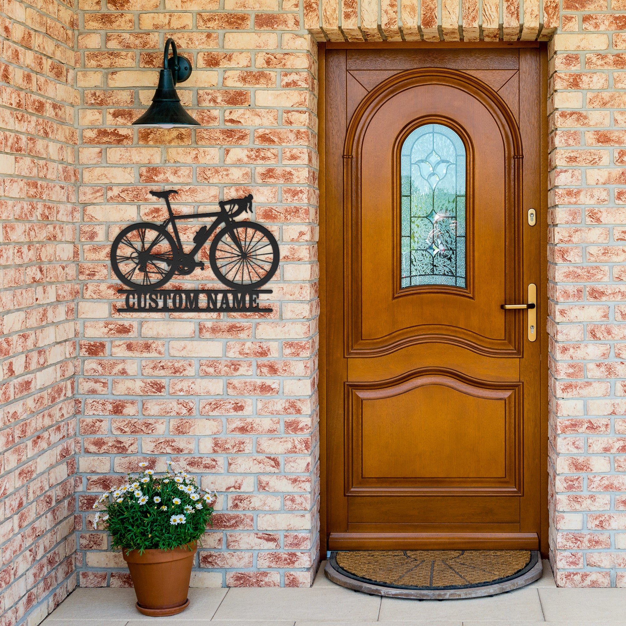 Personalized metal art sign in the shape of a racing bicycle with a custom name space for your home address or name.