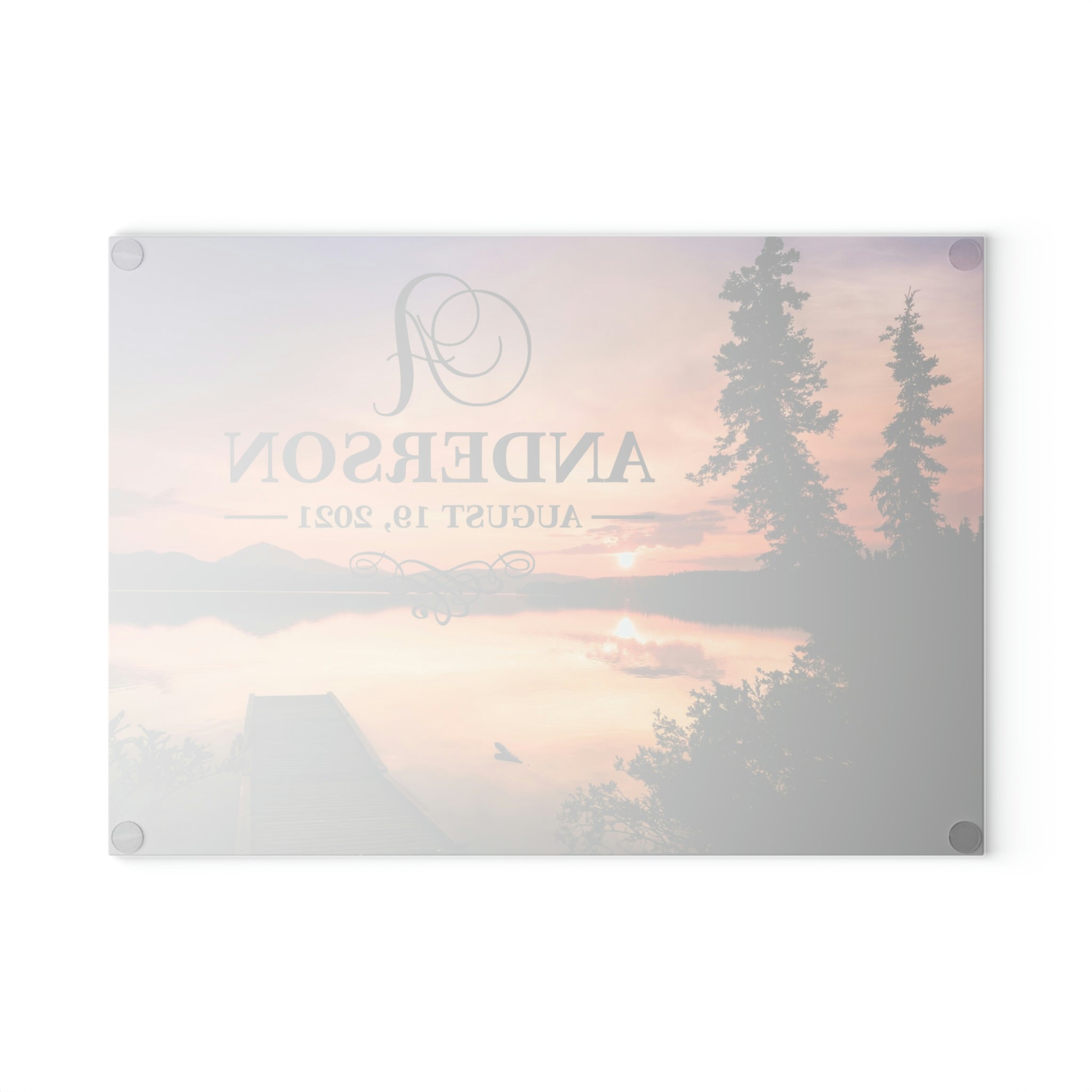 Personalized Lake Sunset Glass Cutting Board – 20 Custom Designs, Tempered Glass, Housewarming, Wedding & Real Estate Gifts - Available in 2 Sizes: 8x11 & 11x15  - DESIGN 10