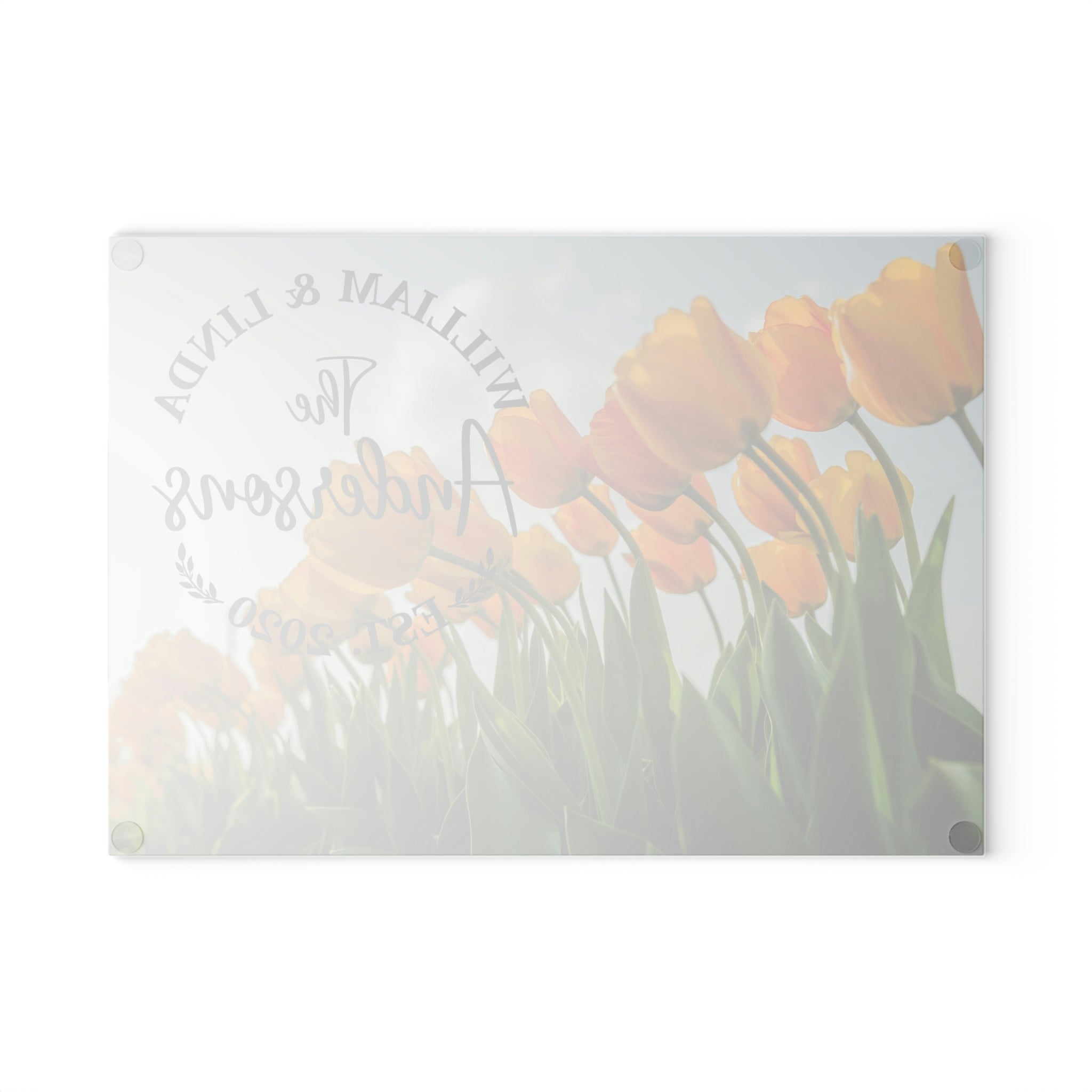 Personalized Orange Tulips Glass Cutting Board – 20 Custom Designs | Tempered Glass, Housewarming, Wedding & Real Estate Gifts | Available in 2 Sizes: 8x11 & 11x15 - DESIGN 18