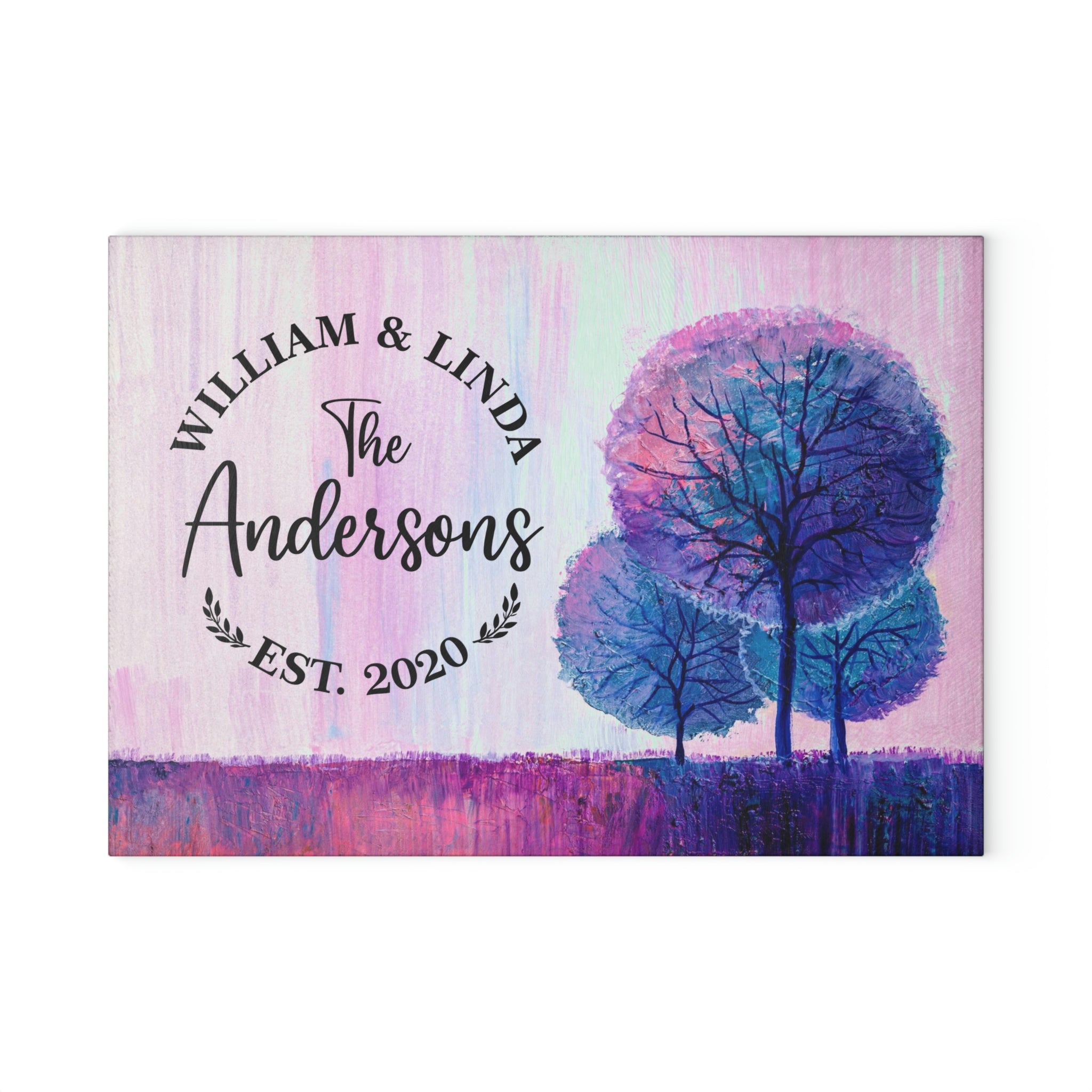 Personalized Purple Trees Glass Cutting Board – 20 Custom Designs, Tempered Glass, Housewarming, Wedding & Real Estate Gifts - Available in 2 Sizes: 8x11 & 11x15  - DESIGN 5