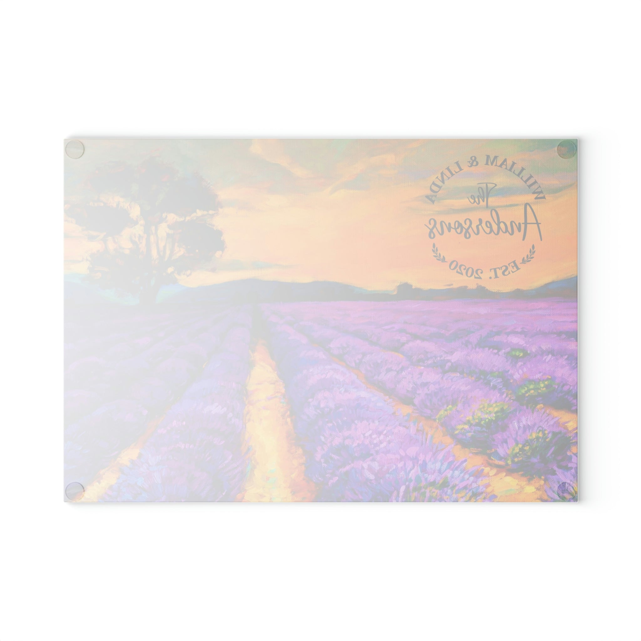 Personalized Lavender Fields Glass Cutting Board – 20 Custom Designs, Tempered Glass, Housewarming, Wedding & Real Estate Gifts - Available in 2 Sizes: 8x11 & 11x15  - DESIGN 2