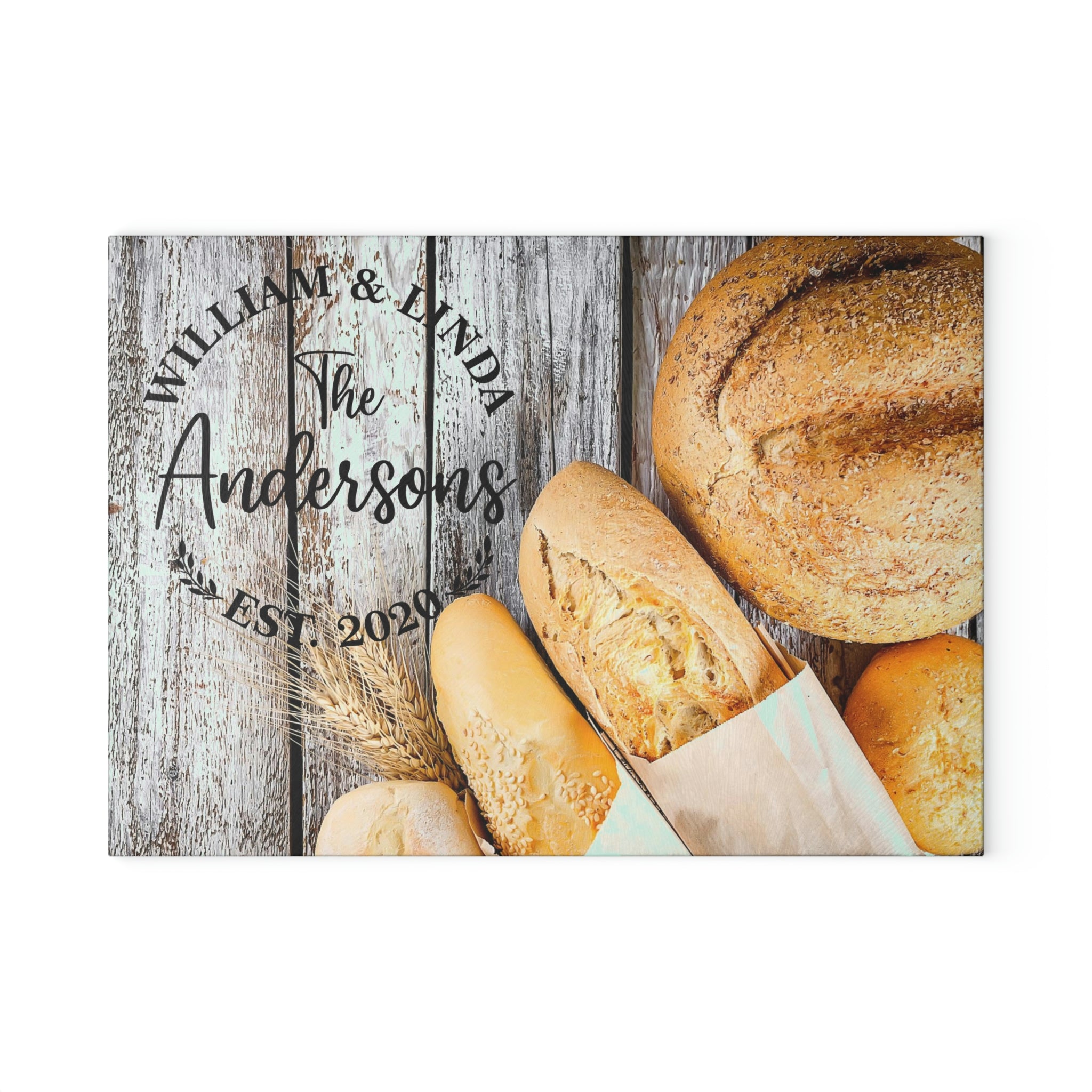 Personalized Bread Loaves Glass Cutting Board – 20 Custom Designs, Tempered Glass, Housewarming, Wedding & Real Estate Gifts - Available in 2 Sizes: 8x11 & 11x15  - DESIGN 17