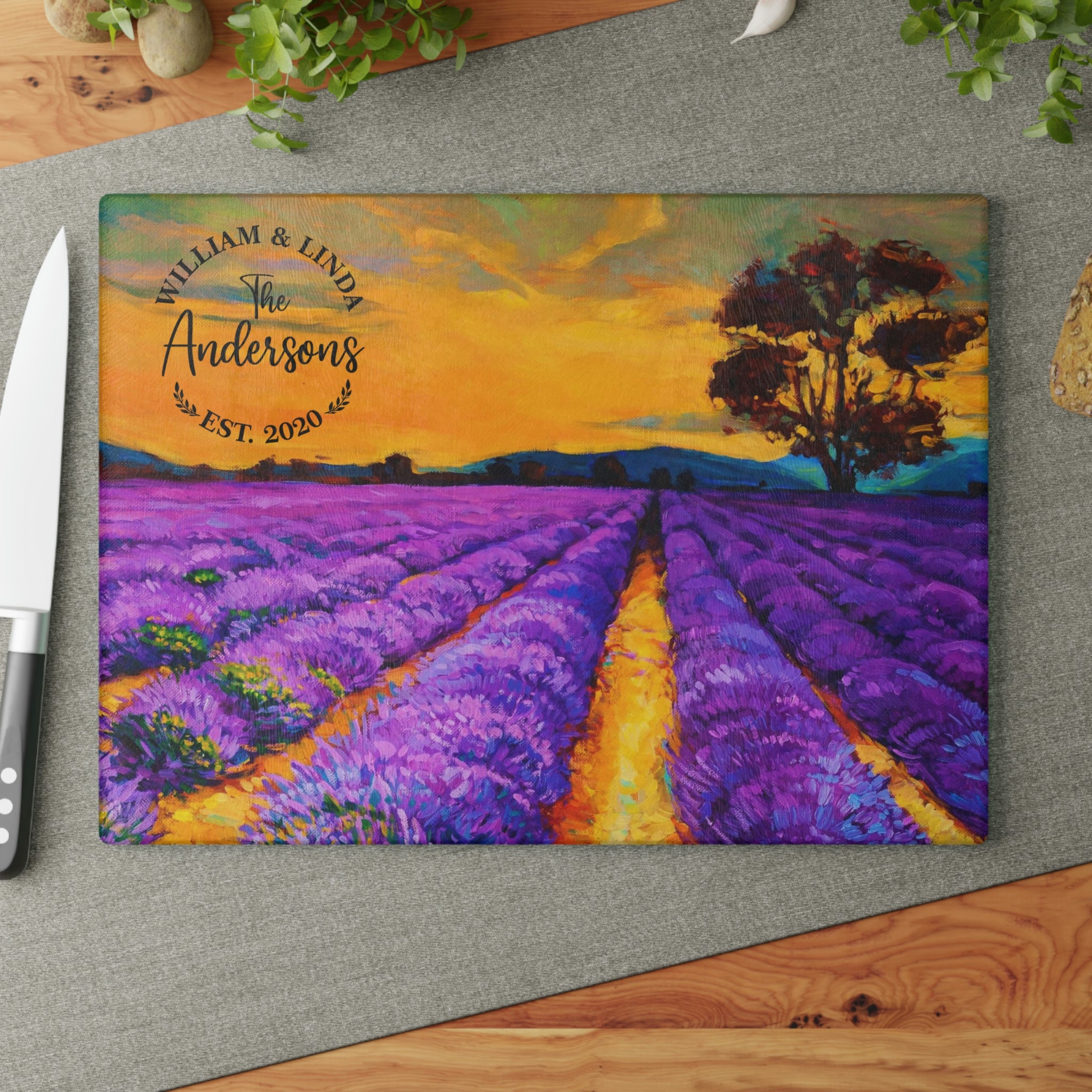 Personalized Lavender Fields Glass Cutting Board – 20 Custom Designs, Tempered Glass, Housewarming, Wedding & Real Estate Gifts - Available in 2 Sizes: 8x11 & 11x15  - DESIGN 2