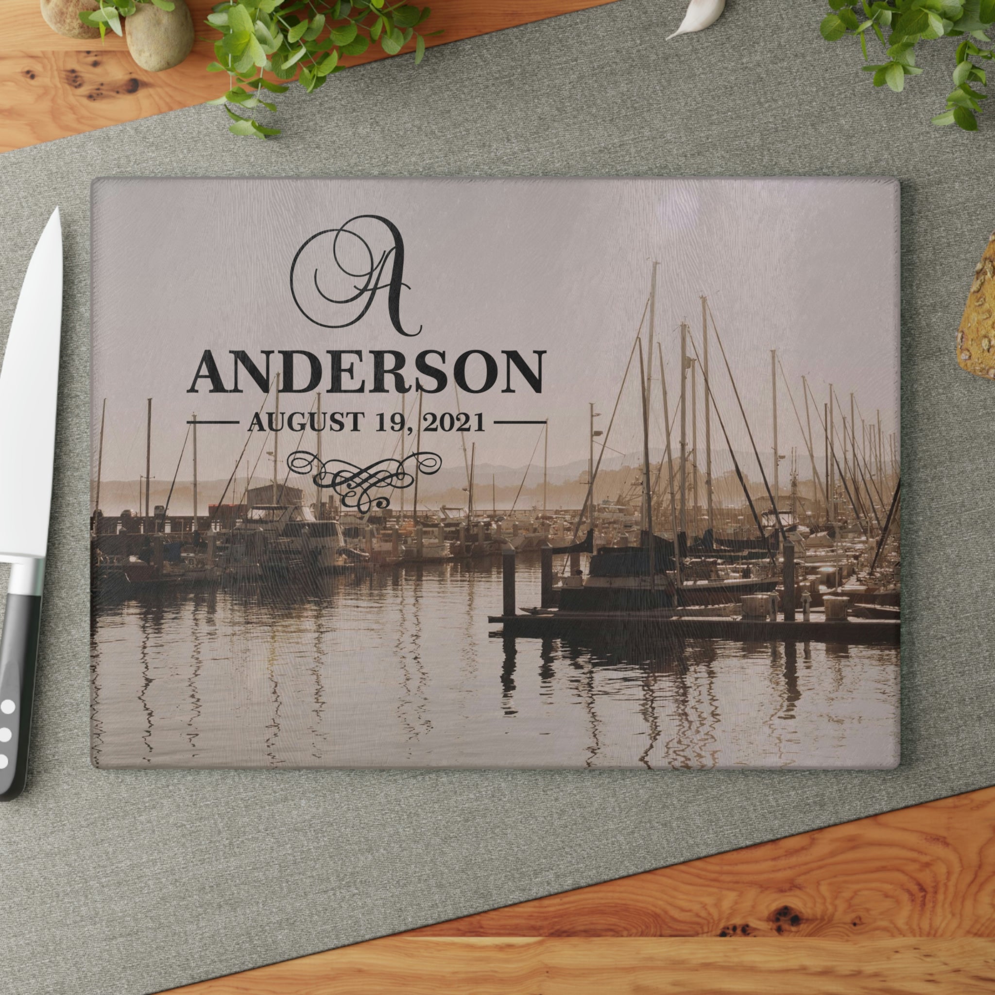 Personalized Sailboat Marina Glass Cutting Board – 20 Custom Designs, Tempered Glass, Housewarming, Wedding & Real Estate Gifts - Available in 2 Sizes: 8x11 & 11x15 - DESIGN 14