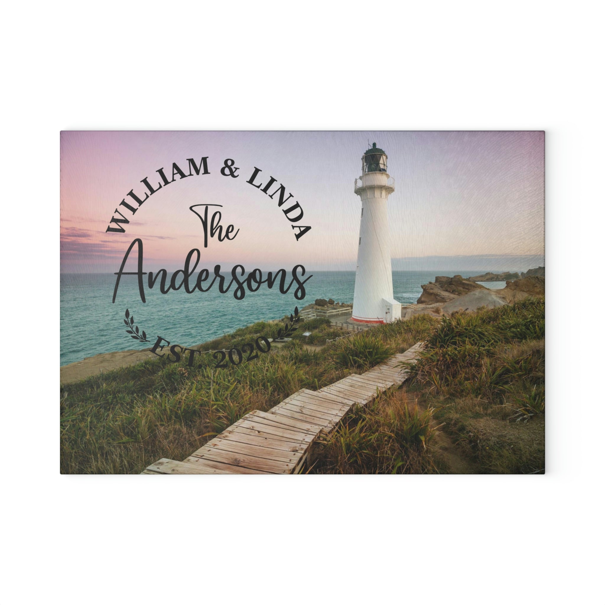 Personalized Lighthouse Boardwalk Glass Cutting Board – 20 Custom Designs, Tempered Glass, Housewarming, Wedding & Real Estate Gifts - Available in 2 Sizes: 8x11 & 11x15  - DESIGN 15