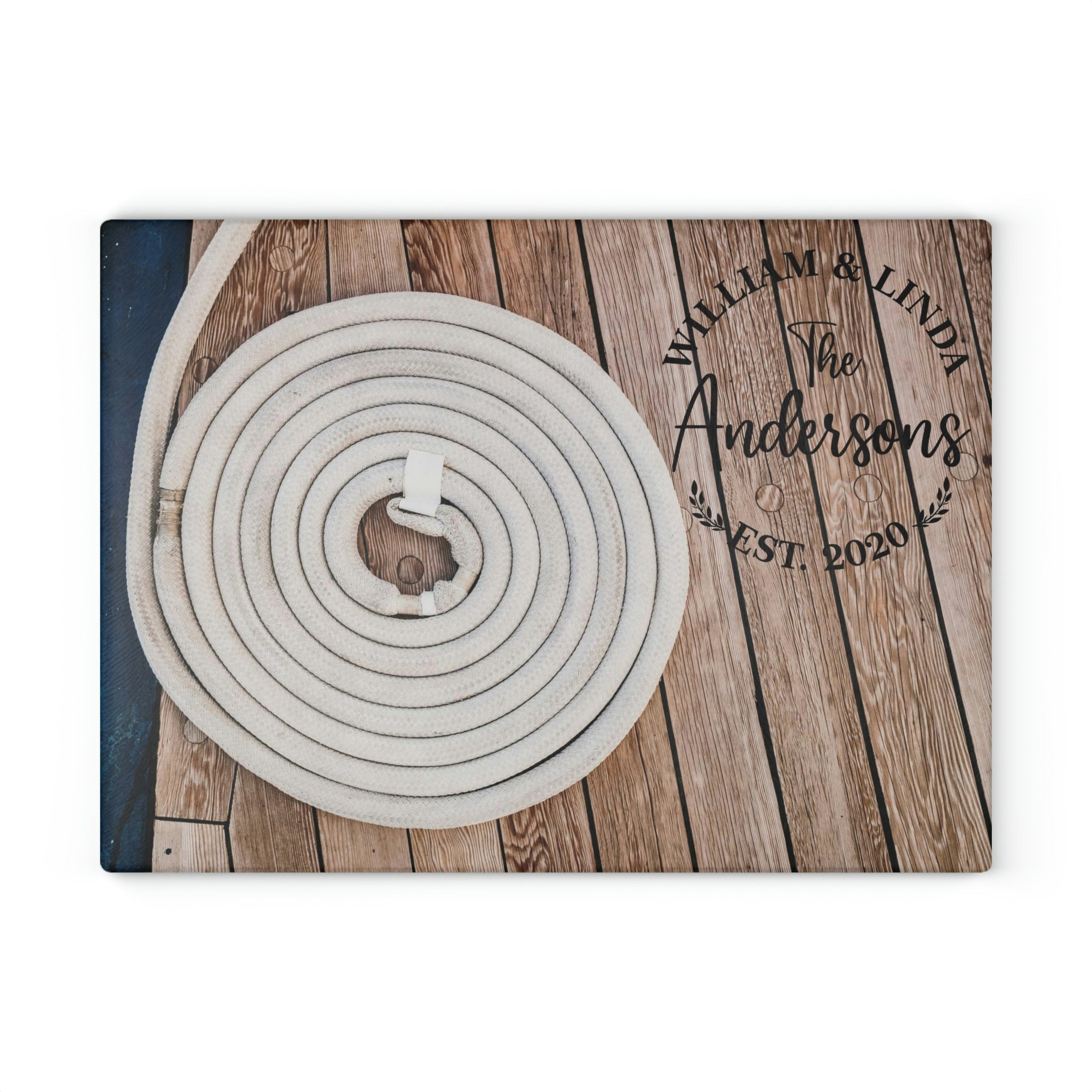 Personalized Boat Dock Rope Coil Cutting Board – 20 Custom Designs, Tempered Glass, Housewarming, Wedding & Real Estate Gifts - Available in 2 Sizes: 8x11 & 11x15 - DESIGN 11